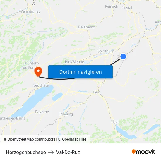 Herzogenbuchsee to Val-De-Ruz map