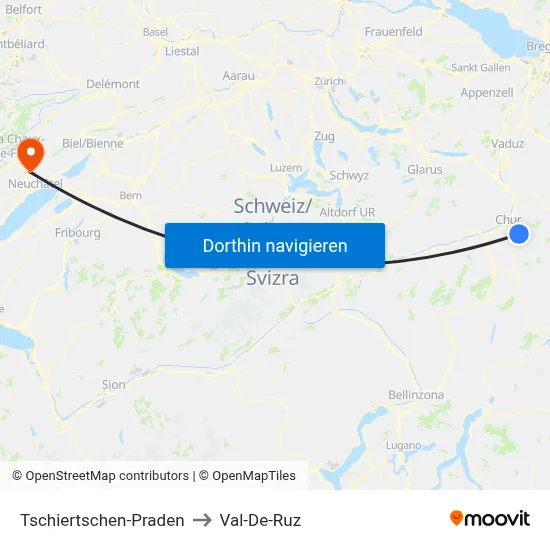 Tschiertschen-Praden to Val-De-Ruz map