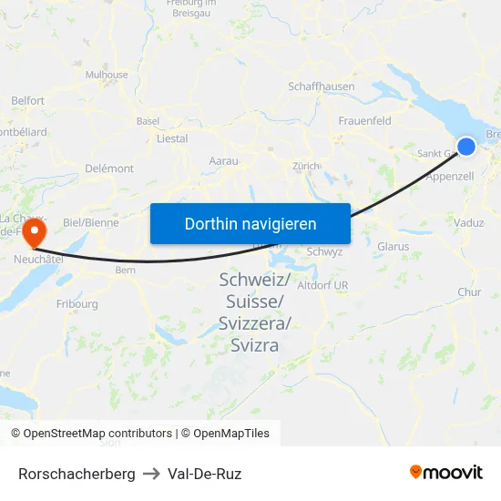 Rorschacherberg to Val-De-Ruz map
