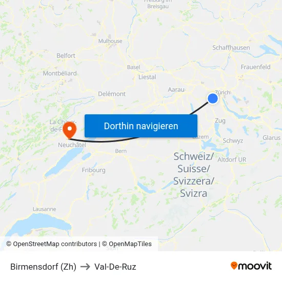 Birmensdorf (Zh) to Val-De-Ruz map
