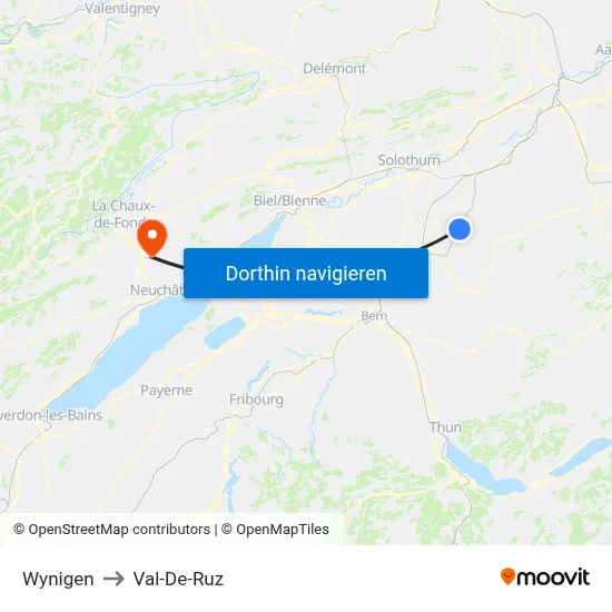 Wynigen to Val-De-Ruz map