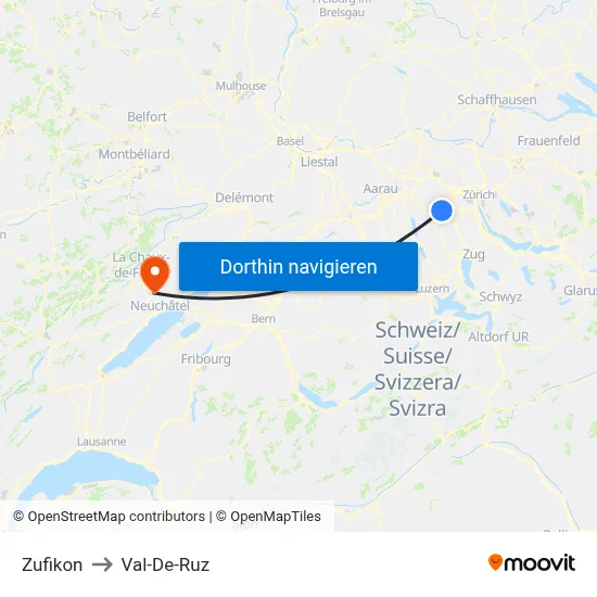 Zufikon to Val-De-Ruz map