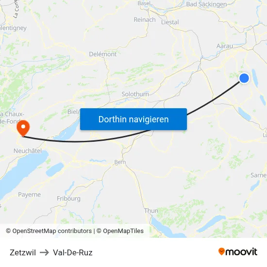 Zetzwil to Val-De-Ruz map