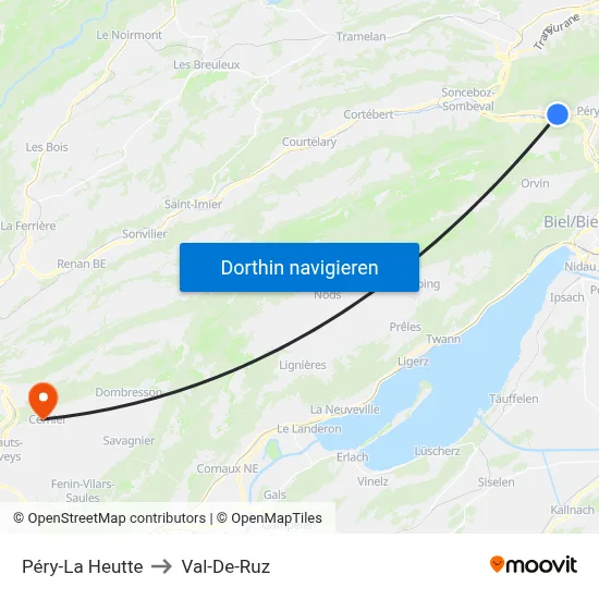 Péry-La Heutte to Val-De-Ruz map