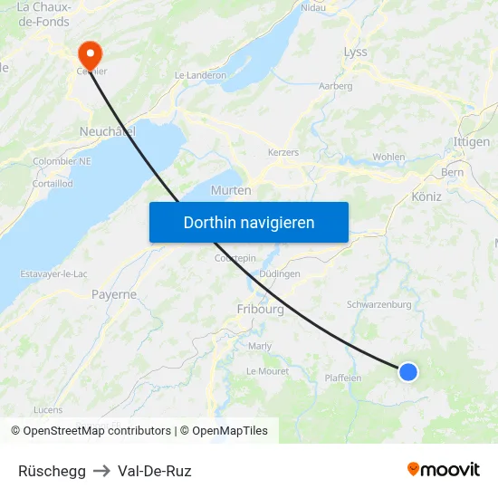 Rüschegg to Val-De-Ruz map