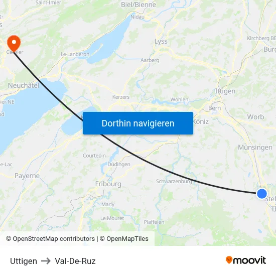 Uttigen to Val-De-Ruz map