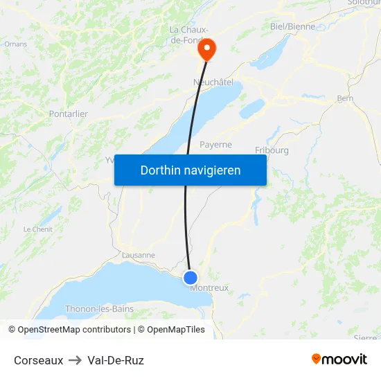 Corseaux to Val-De-Ruz map