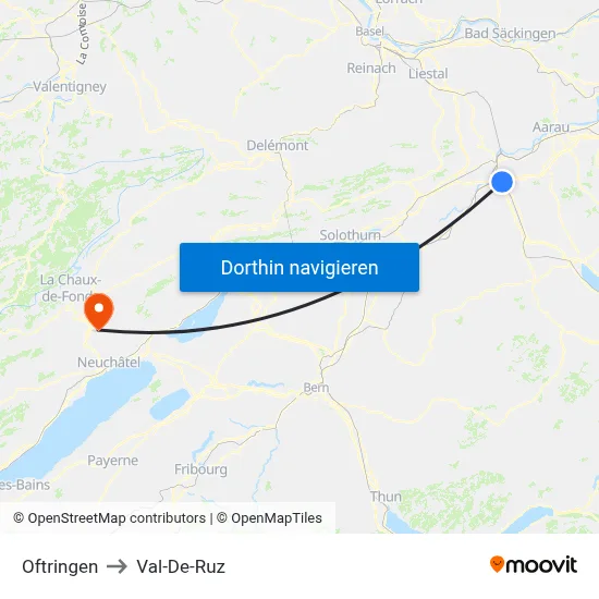 Oftringen to Val-De-Ruz map