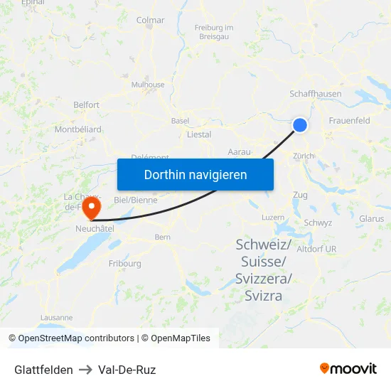 Glattfelden to Val-De-Ruz map