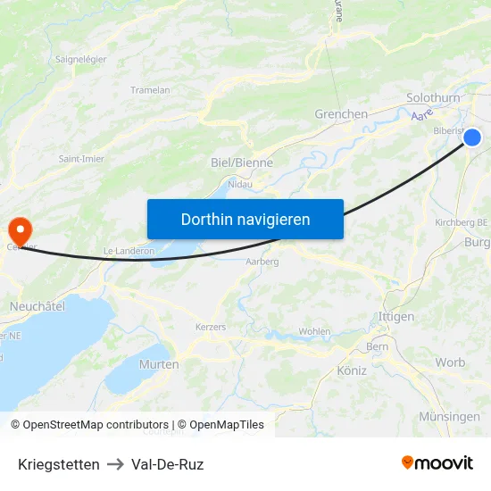 Kriegstetten to Val-De-Ruz map