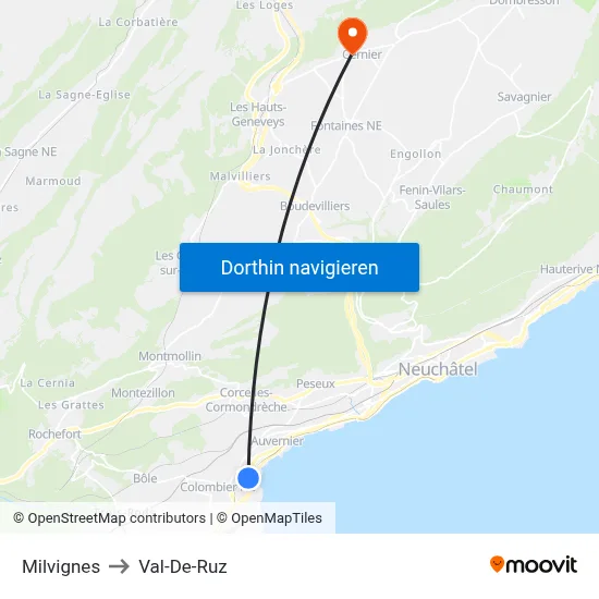 Milvignes to Val-De-Ruz map