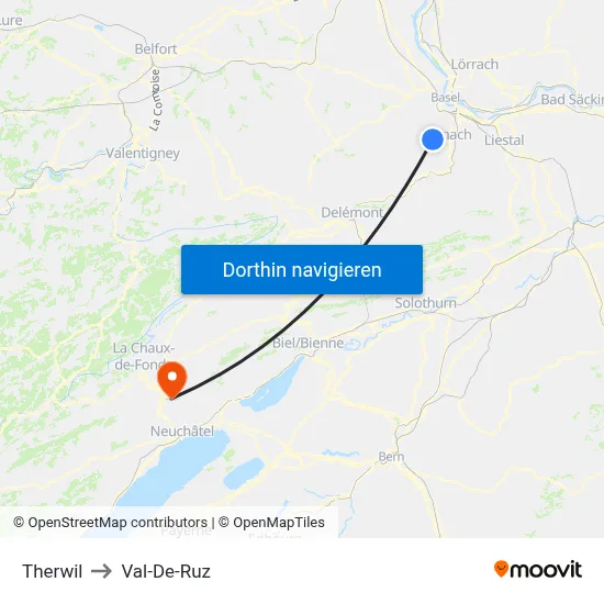 Therwil to Val-De-Ruz map