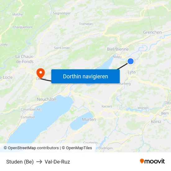Studen (Be) to Val-De-Ruz map
