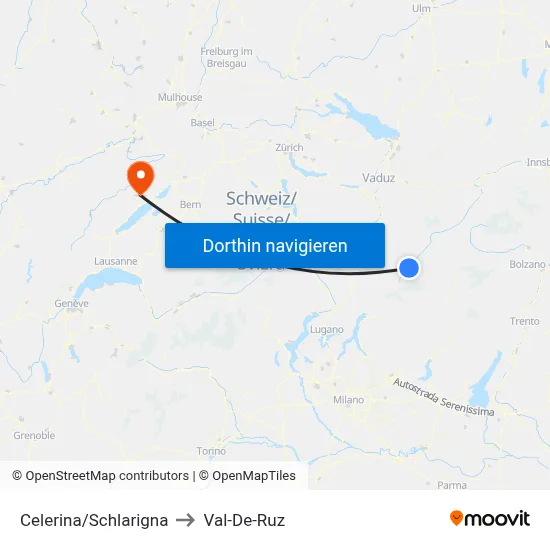 Celerina/Schlarigna to Val-De-Ruz map