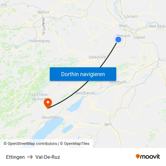 Ettingen to Val-De-Ruz map