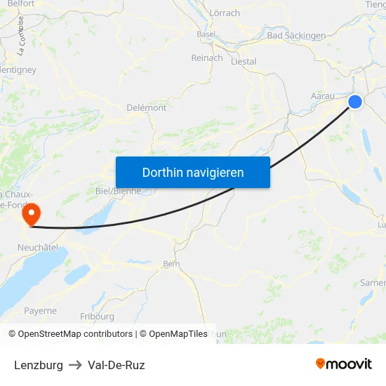 Lenzburg to Val-De-Ruz map