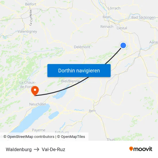 Waldenburg to Val-De-Ruz map