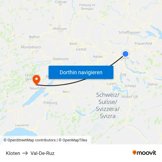Kloten to Val-De-Ruz map