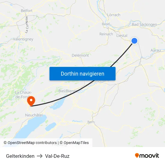 Gelterkinden to Val-De-Ruz map