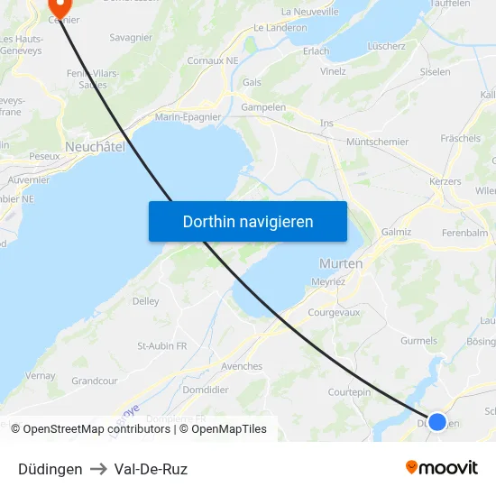 Düdingen to Val-De-Ruz map