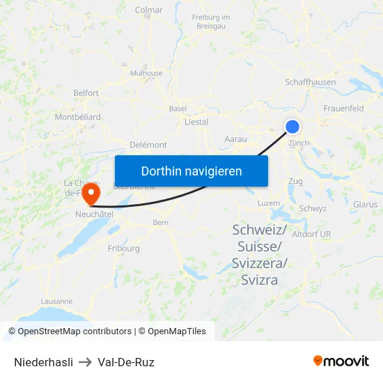 Niederhasli to Val-De-Ruz map