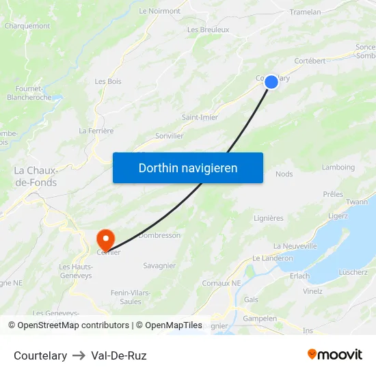 Courtelary to Val-De-Ruz map