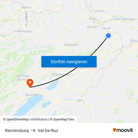 Ramlinsburg to Val-De-Ruz map