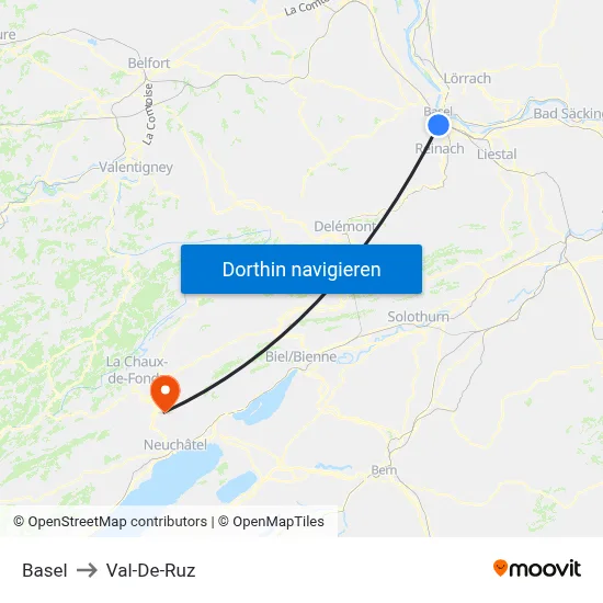 Basel to Val-De-Ruz map