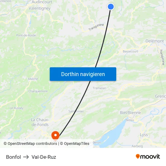 Bonfol to Val-De-Ruz map