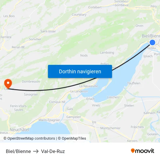Biel/Bienne to Val-De-Ruz map