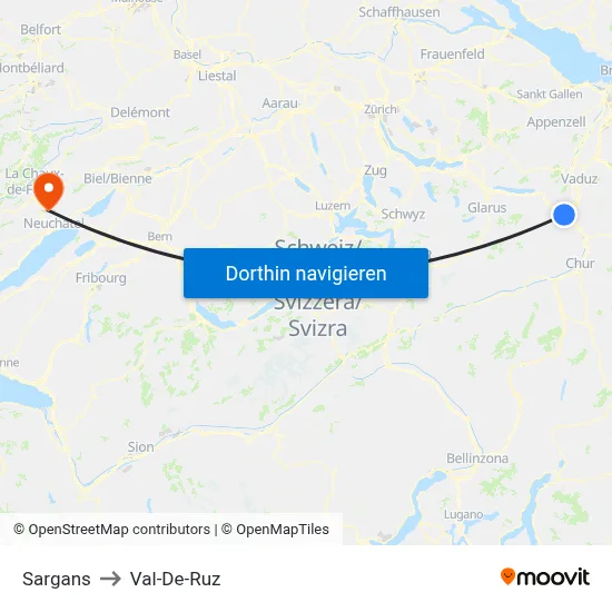Sargans to Val-De-Ruz map