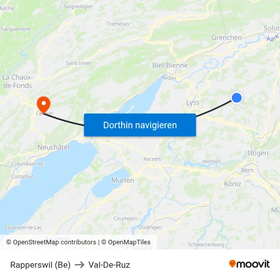 Rapperswil (Be) to Val-De-Ruz map