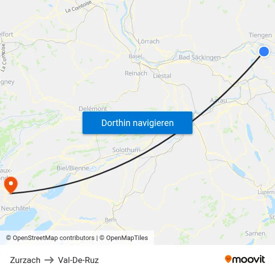 Zurzach to Val-De-Ruz map