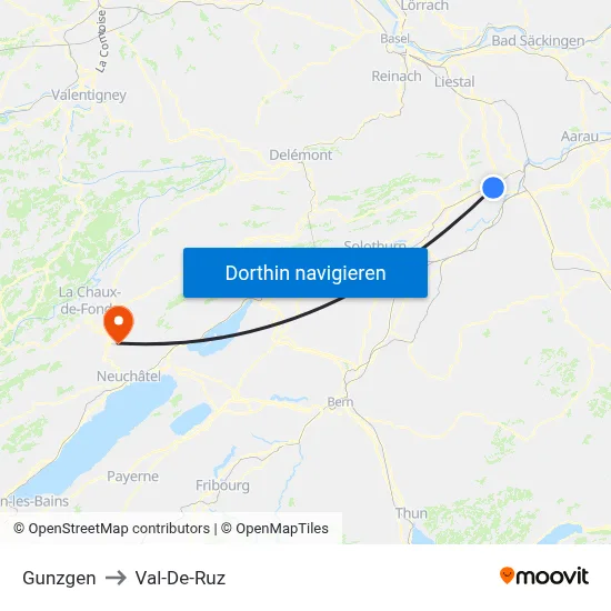 Gunzgen to Val-De-Ruz map