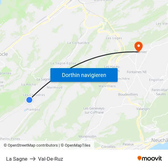 La Sagne to Val-De-Ruz map