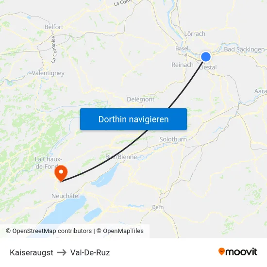 Kaiseraugst to Val-De-Ruz map