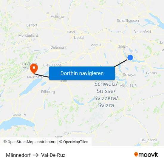 Männedorf to Val-De-Ruz map