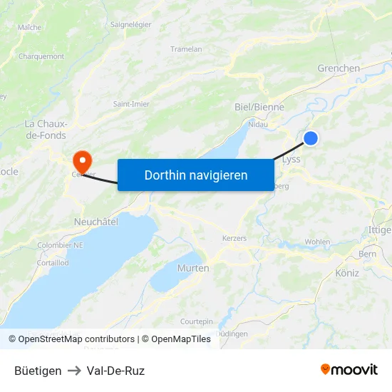 Büetigen to Val-De-Ruz map
