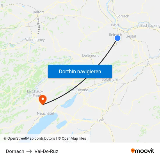 Dornach to Val-De-Ruz map