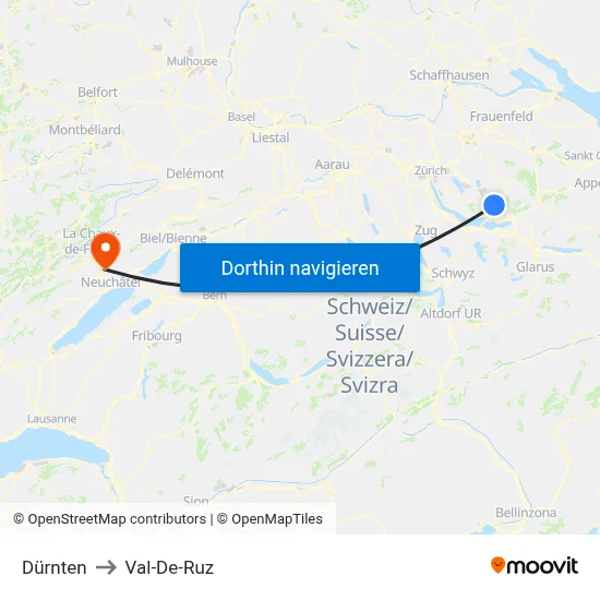 Dürnten to Val-De-Ruz map