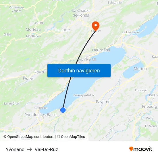 Yvonand to Val-De-Ruz map