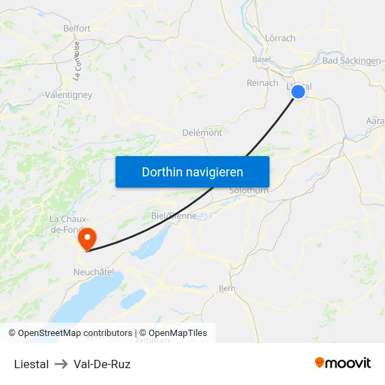 Liestal to Val-De-Ruz map