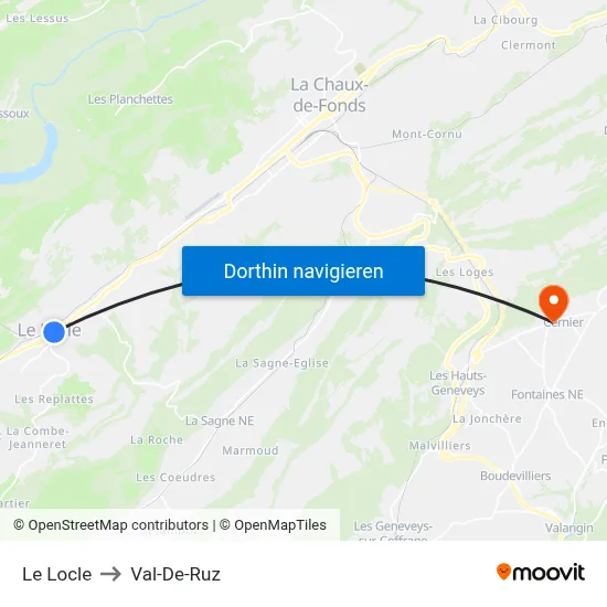 Le Locle to Val-De-Ruz map