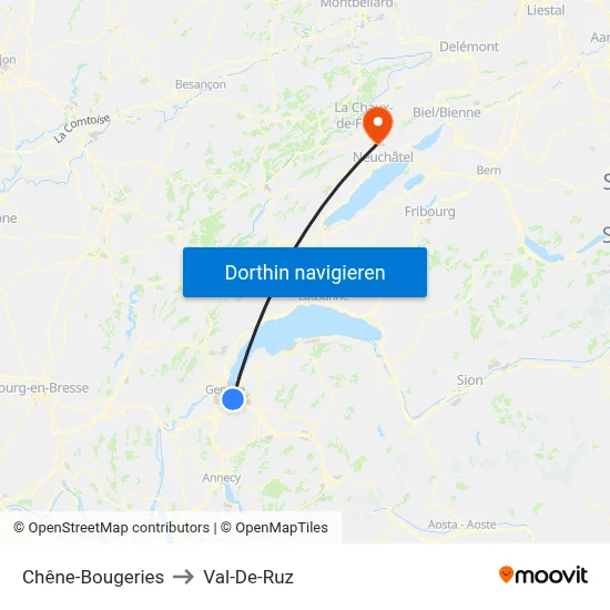 Chêne-Bougeries to Val-De-Ruz map