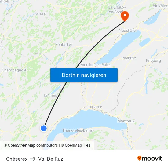 Chéserex to Val-De-Ruz map