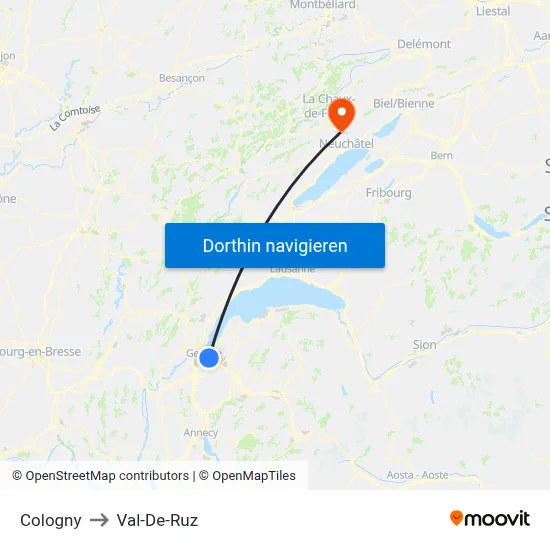 Cologny to Val-De-Ruz map