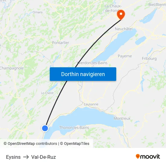 Eysins to Val-De-Ruz map
