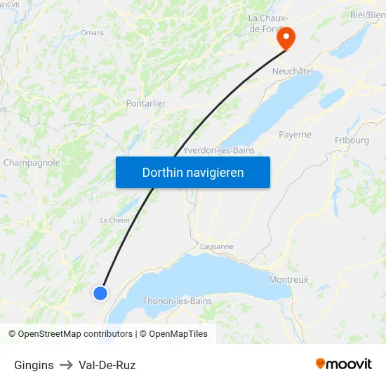Gingins to Val-De-Ruz map