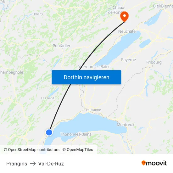 Prangins to Val-De-Ruz map