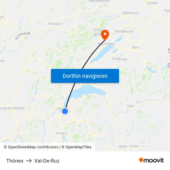 Thônex to Val-De-Ruz map